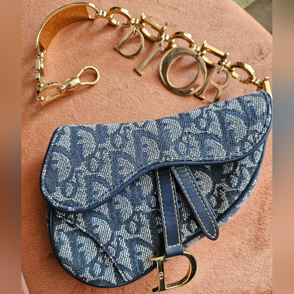 Rare Vintage Dior Diorissimo Mini Saddle Wristlet Bag in Navy Oblique Canvas